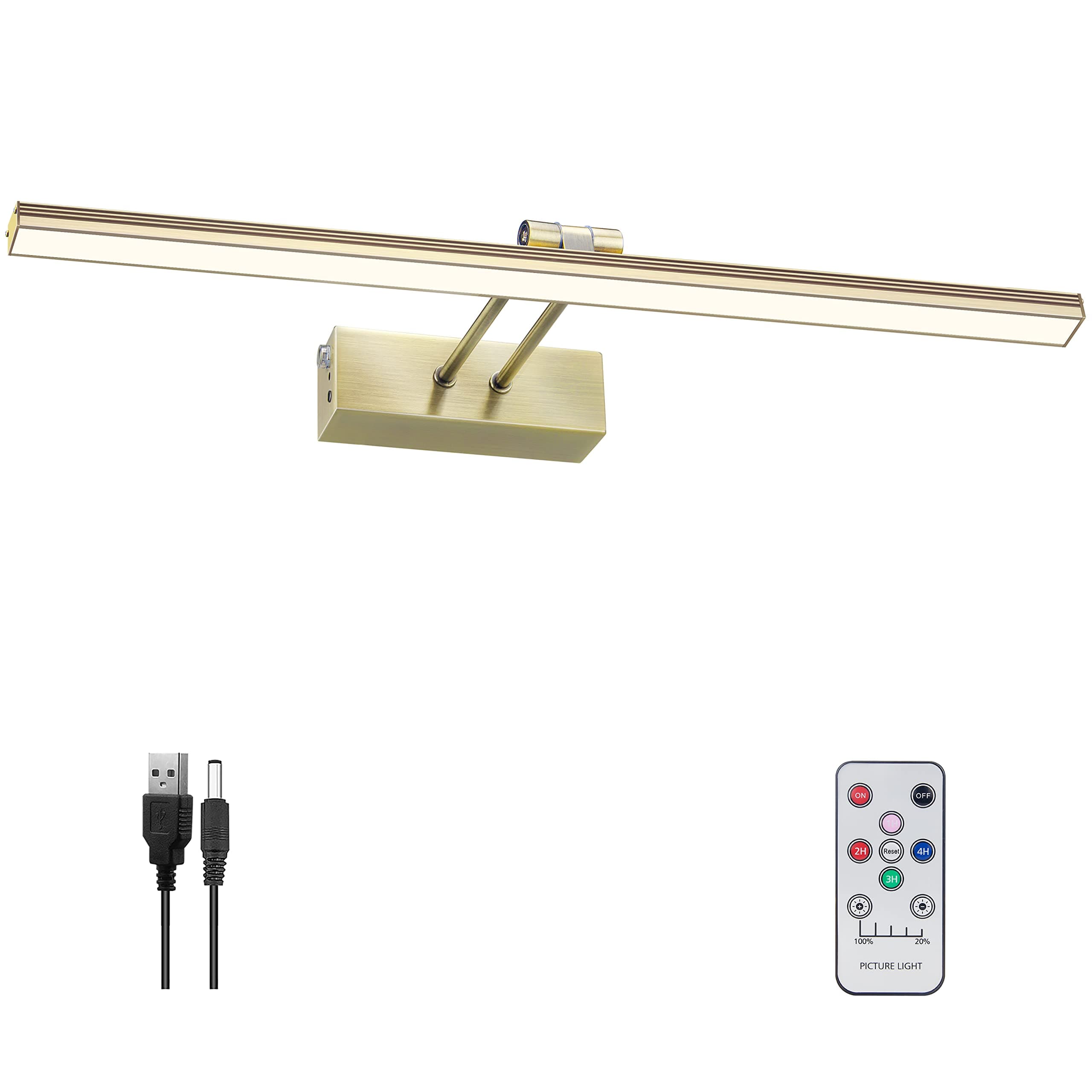 FUNCHDAY Picture Light,Battery Art Lights for Wall,Wireless Remote Painting Light with Timer and Dimmable,20”Metal Display Lighting for Artwork,Portrait,Gallery-Antique Brass