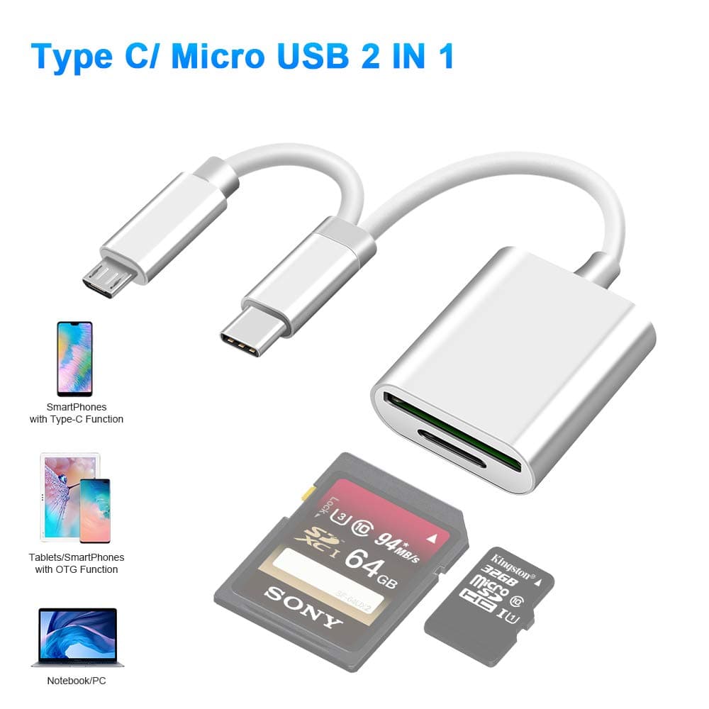USB C to SD/MicroSD Card Reader Type C/Micro USB OTG Adapter Aluminum TF Card Memory Card Reader Camera reader Drive Recorder Video Reader Trail Cam Viewer for Android phones/Tablets/PC/Laptop