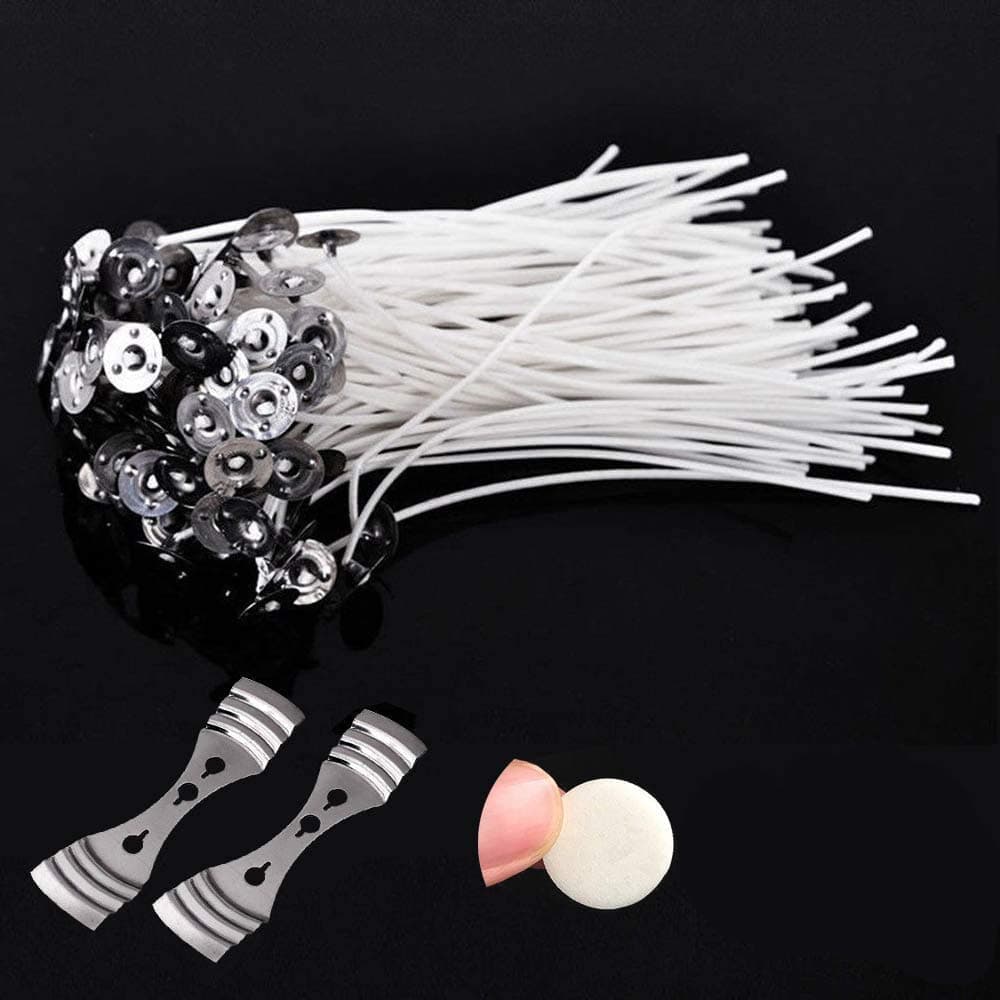 PRALB Candle Making Supplies, 100PCS Natural Candle Wicks, 100PCS Wick Stickers, 2PCS Wick Centering Devices, DIY Soy Candles Low Smoke Pre-Waxed & 100% Natural Cotton Core Candle Wicks,Candle Wicks
