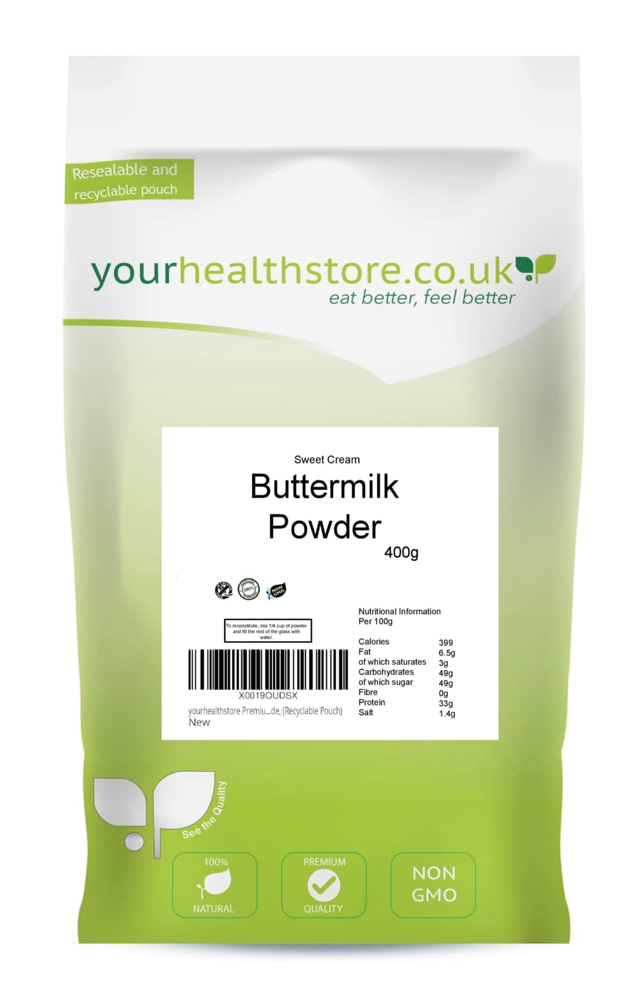 Buttermilk Powder 400g by yourhealthstore, 100% Pure with no additives, Vegetarian, (Resealable and Recyclable Pouch)