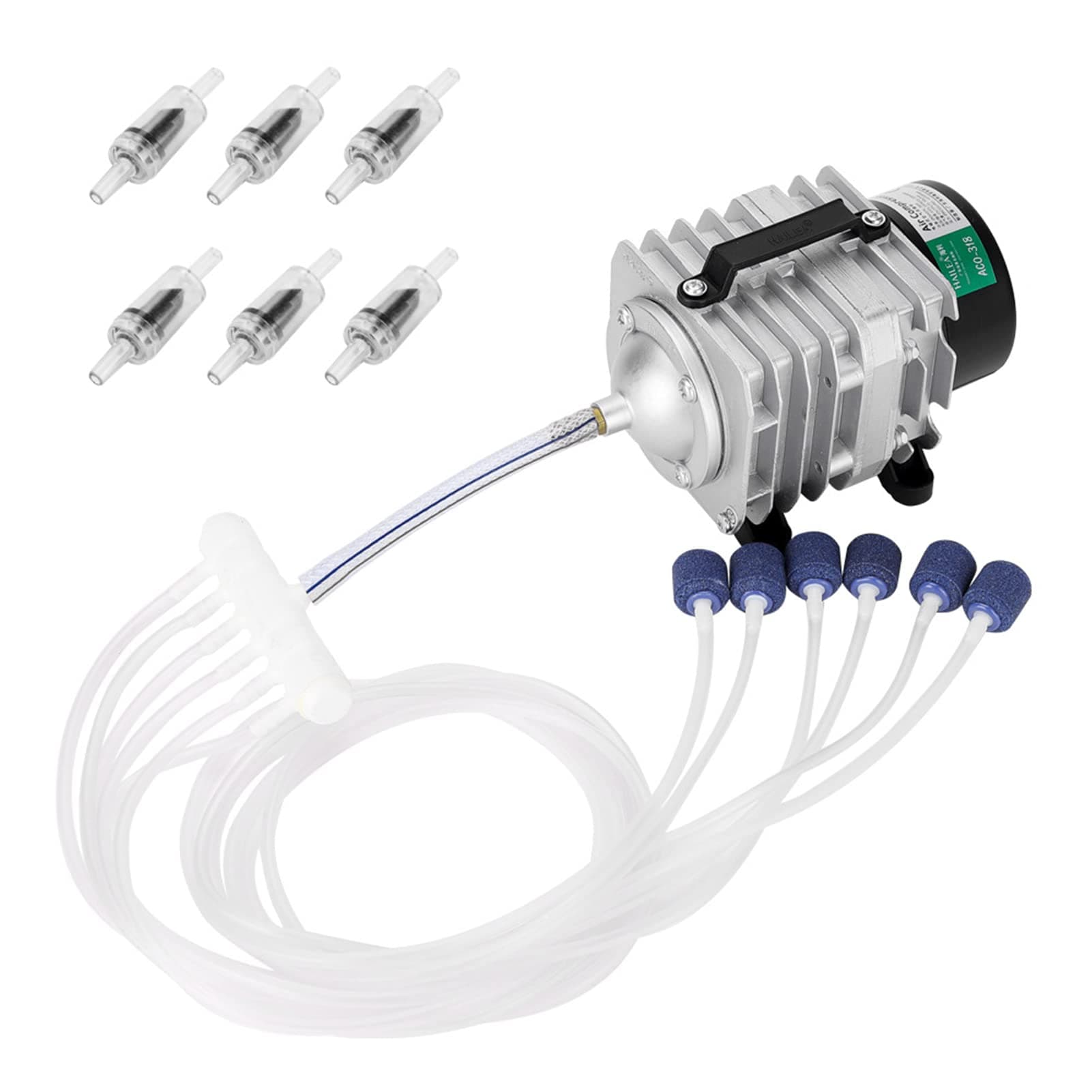 Vinsting,ACO318 HAILEA Commercial Air Pump 45W Single Outlet 6 Valve Manifold for Aquarium Fish Tank Fountain Pond Hydroponics （10m pipe+6 check valve+ 6 2 * 2cm air stones)