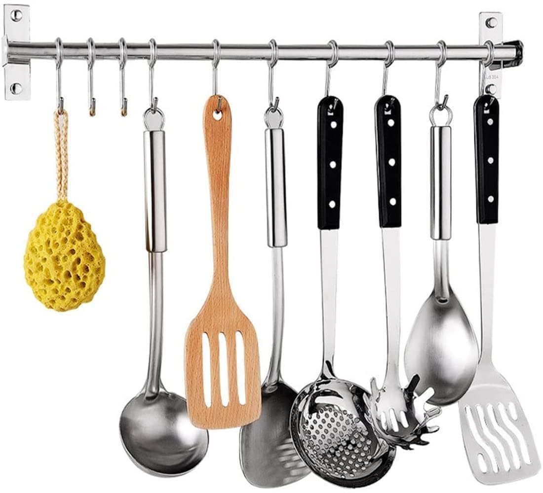 Kitchen Sliding Hooks, Stainless Steel Hanging Rack Rail Organize Kitchen Utensil Removable S Hook for Towel, Spoon, Coats, Bathrobe, BBQ,Wall Mounted Hanger (10 Hooks 23.6In)