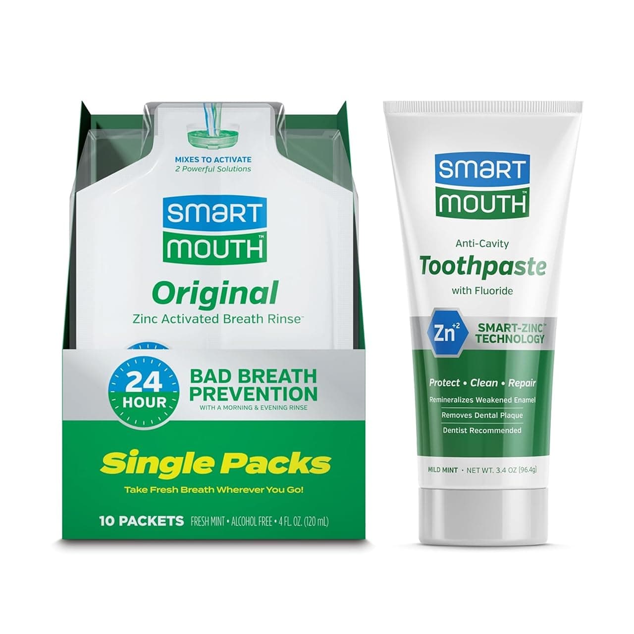 Original Zinc Activated Mouthwash Single Packs & Premium Anti-Cavity + Zinc Toothpaste - Travel-Size Oral Care Set - Eliminates Bad Breath - Alcohol-Free - 3.4 oz Toothpaste, 10 Packets
