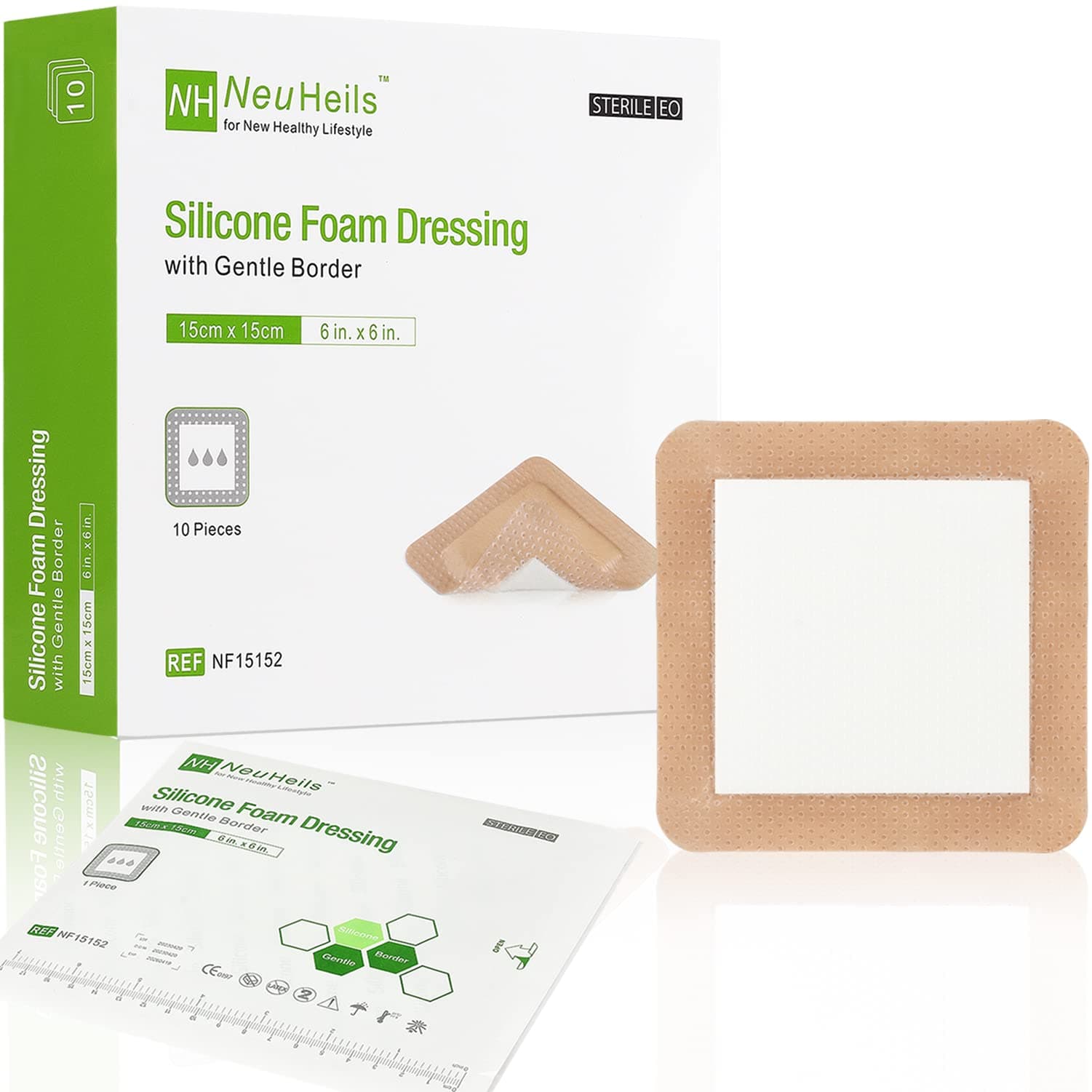 - Silicone Adhesive Foam Dressing with Gentle Border 6''x6'', 10 Packs for Bed Sore Leg Ulcer, High Absorbency Waterproof Silicone Wound Bandages by NeuHeils