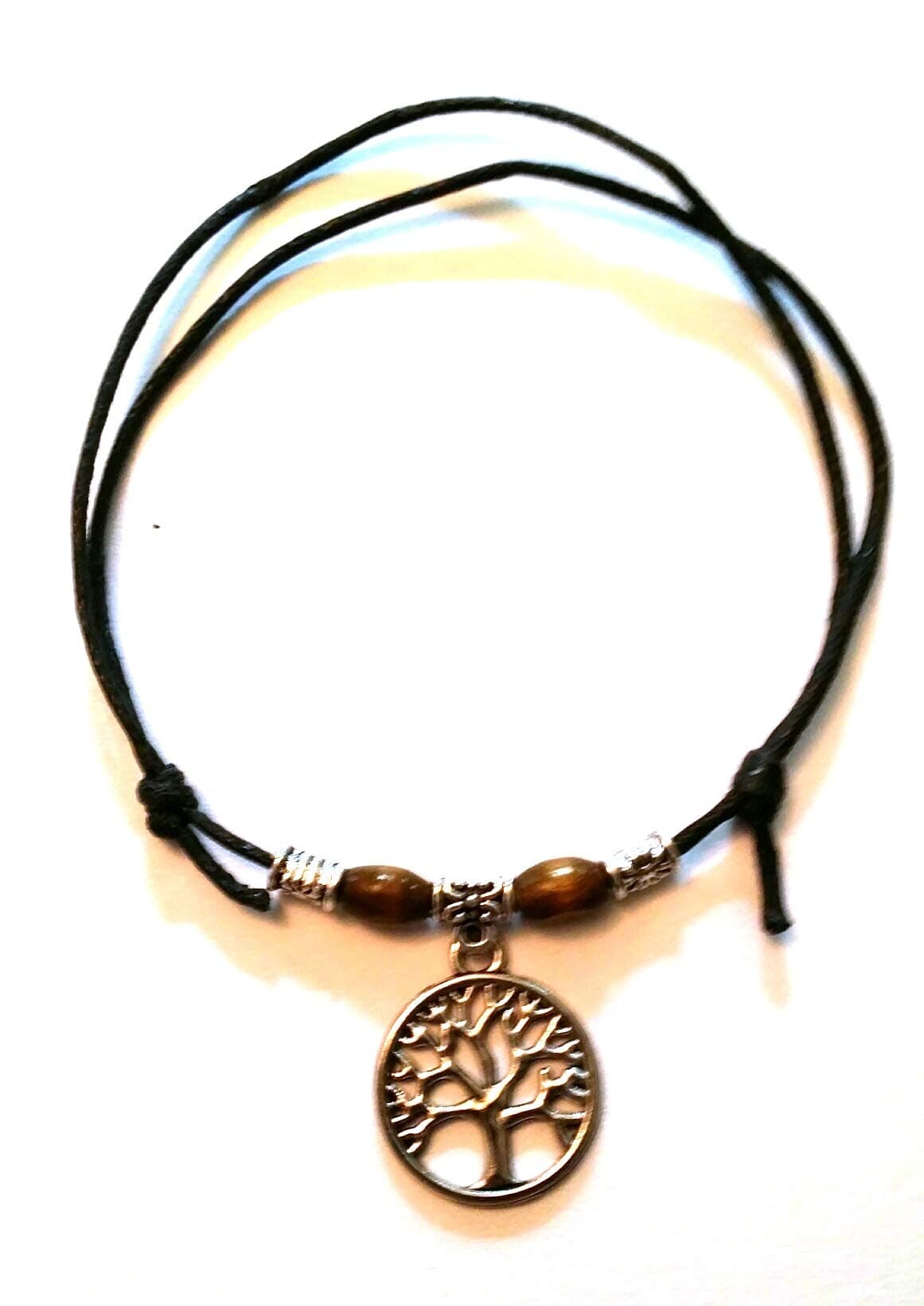 Black Leather Look Waxed Cotton Adjustable Sliding Knot Anklet/Bracelet - Surfer, Hippi, Boho, (Tree of Life)