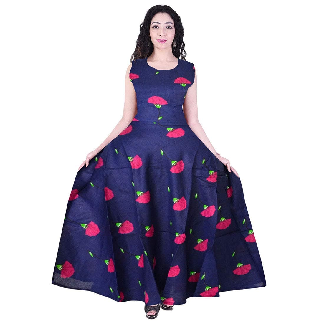 jwf Women's Rayon Jaipuri Floral Print Long Maxi Dress (Multicolour)