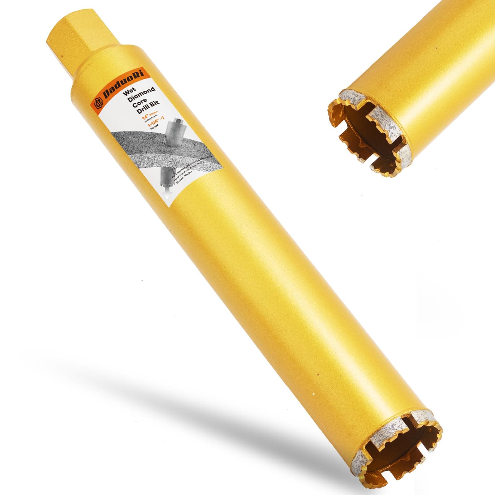 2 Inch Wet Core Drill Bits, DaduoRi 2" Core Bit for Concrete, 14" Drilling Depth, 1-1/4"-7 Thread Diamond Core Bit for Cured Concrete with Rebar, Hard Masonry, Brick Block, Stucco, Stone (51mm)