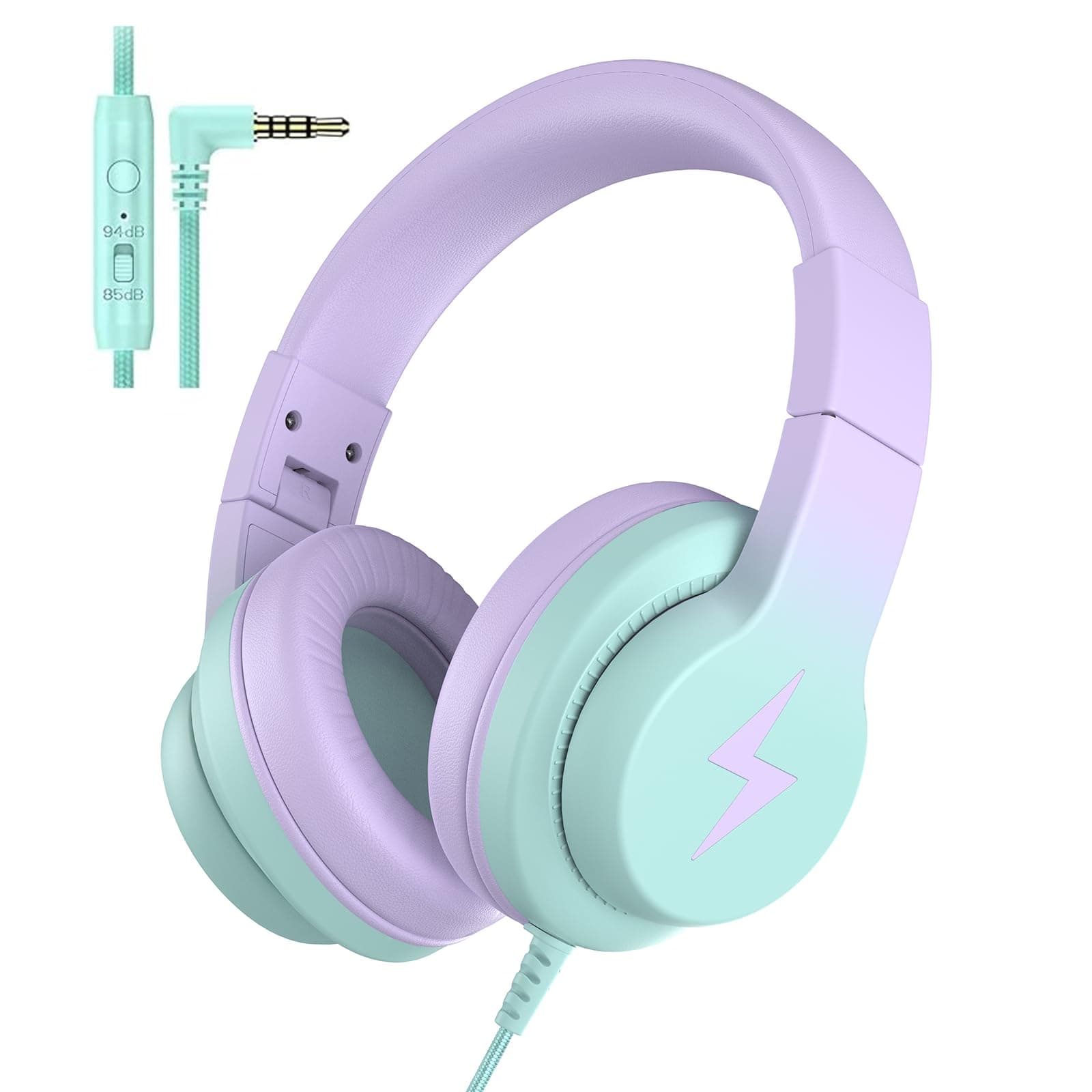 Kids Headphones, Wired Headphones for Kids Over Ear with Microphone, 85/94dB Volume Limiter Headphone for Girls Boys, Foldable Headphone for Learning & Entertainment,Gradient Purple