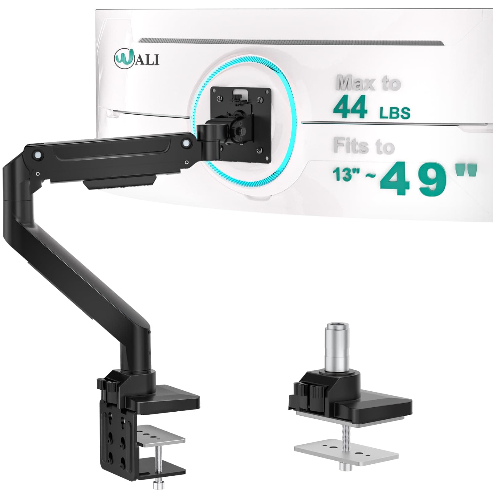 Ultrawide Monitor Arm for 17-49 Inch Heavy Duty Curved Screens, Holds up to 20 kg, Adjustable Gas Spring Single Monitor Desk Mount with C-Clamp, Grommet Base, 75/100mm VESA, (GSM001XL), Black