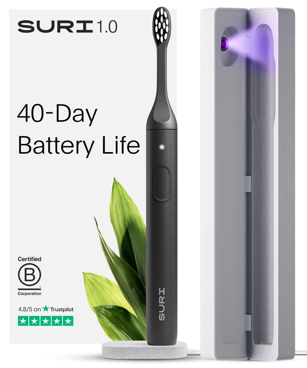 SURI 1.0 Sonic Electric Toothbrush with UV Cleaning Travel Case | 1 Month+ Battery | UK’s No.1 Rated | Electric Toothbrush Adults | Sonic Toothbrushes | Black