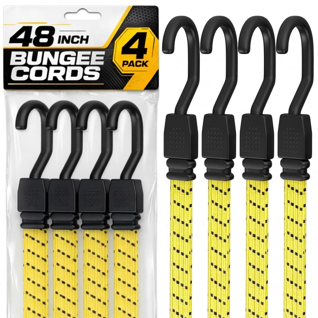 Houseables Long Bungee Cords with Hooks, Heavy Duty Bungee Cords, Dolly Straps, Elastic Tie Down Straps, Moving Rope, Rope with Hook, Soga Para Amarrar, Flat Rubber, Truck, Outdoor, 48 Inch, 4FT, 4 PK