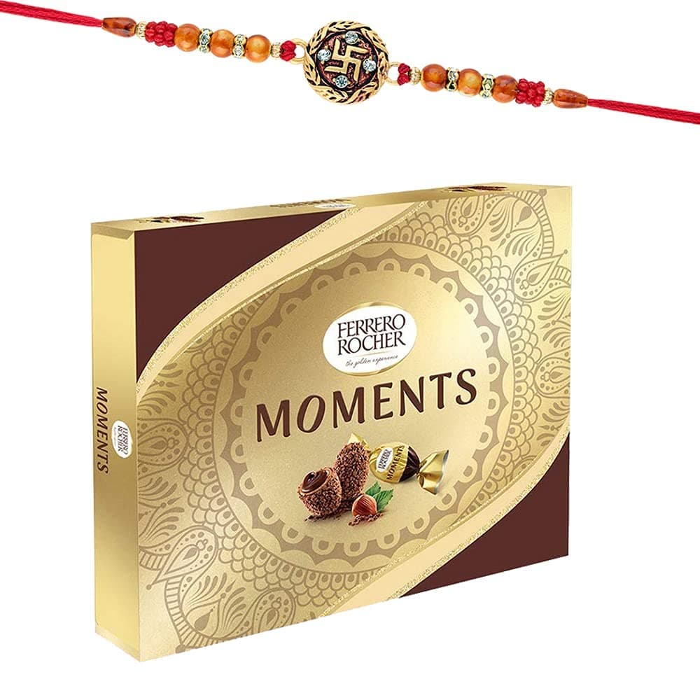 Astonished Retail Ferrero Rocher Moments Chocolate Hamper | Swastik Design Rakhi Chocolate for Brother | Rakhi Chocolate Hamper | Roli, Chawal, Chandan, Misri | 301