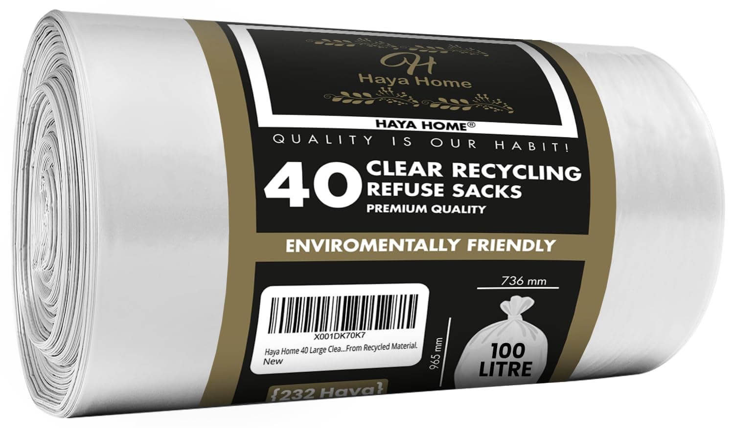 Haya Home 100L 40 Large Clear recycling bags Transparent Recycling Bin Bags, Rubbish Bags and Refuse Sacks 120 Gauge Bin Liners Heavy Duty Bin Bags Large Waste Bags From 100% Recycled Material