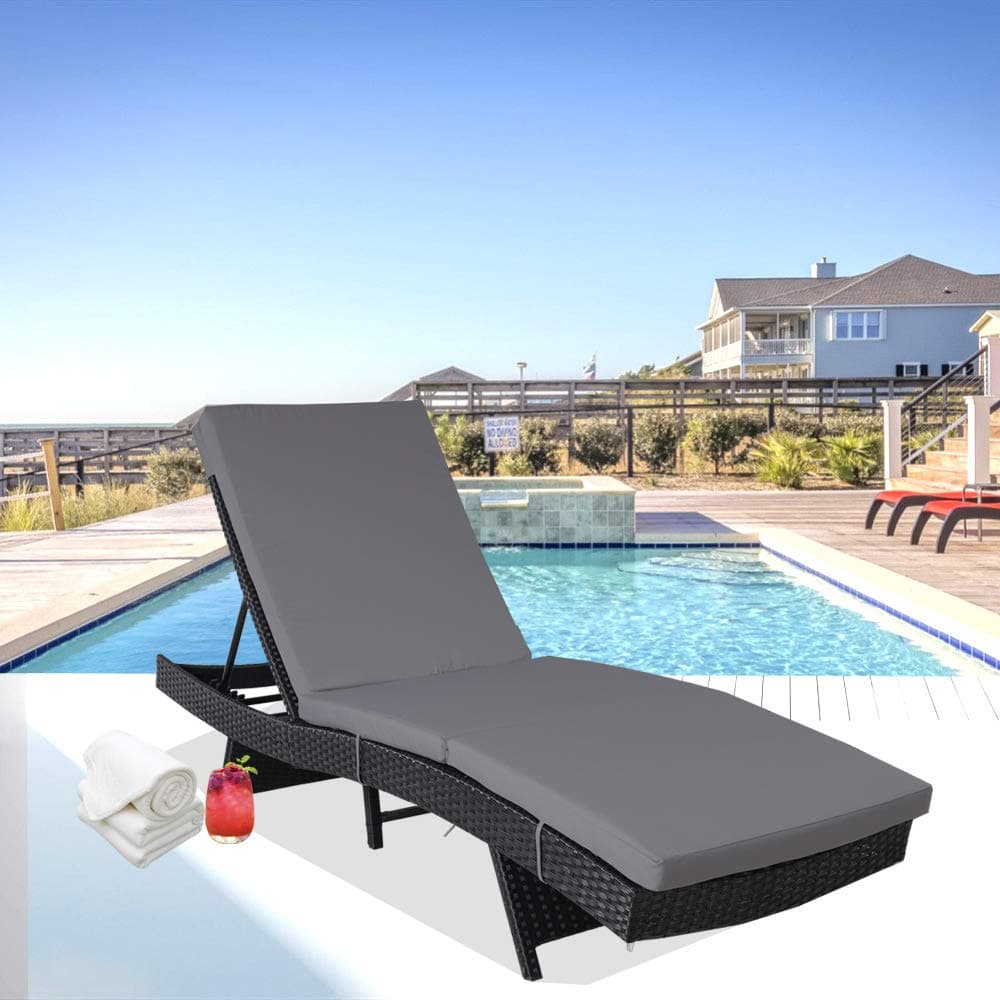 Patio Chaise Lounge Rattan Chairs Outdoor Lounger Outdoor Furniture Pool Sunbed w/Cushion 5 Positions Adjustable Backrest Black Rattan Dark Gray Cushion