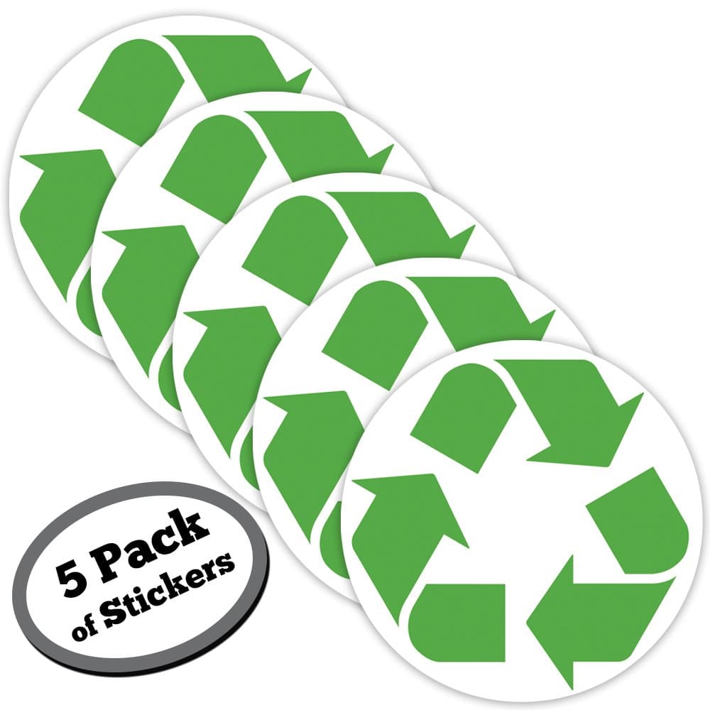 Recycle Symbol Sticker,Sign Decal,5 inch Round Recycling Bins & containers for Recycled Plastic, Paper, Cardboard, Trash, Glass, Bottles, Aluminum cans and Newspaper recyclables(5 Pack,Green/White)