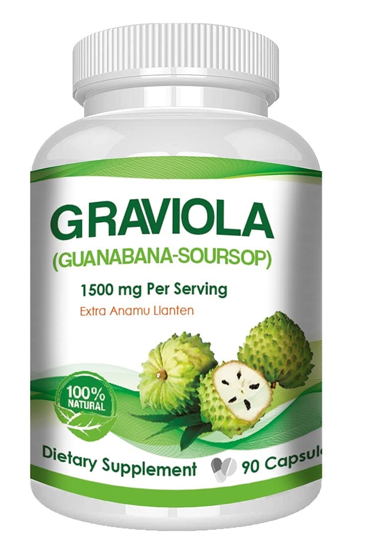 Graviola 1500 mg Serving Size 90 Capsules One Bottle (extracto seco de fruto de graviola Guanabana tiene propiedades antibacterianas y antiparasitarias. Actúa Como astringente, Febrífugo, sedativo