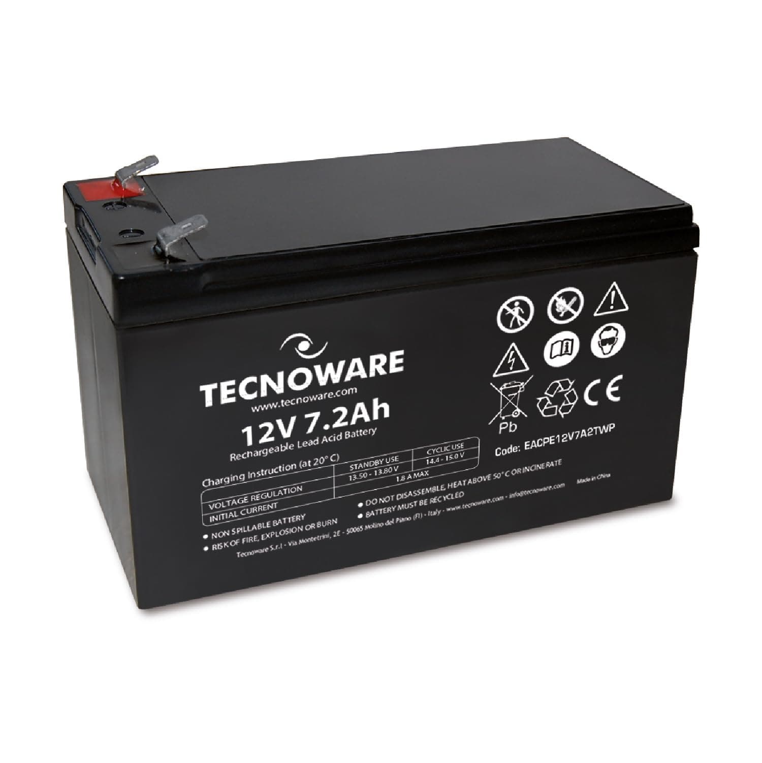 Tecnoware 12V 7Ah Sealed Lead Acid Battery - for UPS, Video Surveillance and Alarm Systems - Faston Connection 6.3mm - Size 15 x 9.5 x 6.5 cm