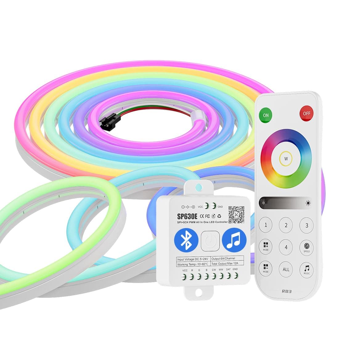 WS2811 IC RGB Chasing Color Neon Light 16.4FT DC24V 90IC 108LED/m T0817 IP67 Waterproof Addressable Rope LED Strip, 2.4GHz RF Remote RB3&SP630E Bluetooth Controller Kit(No Adapter)
