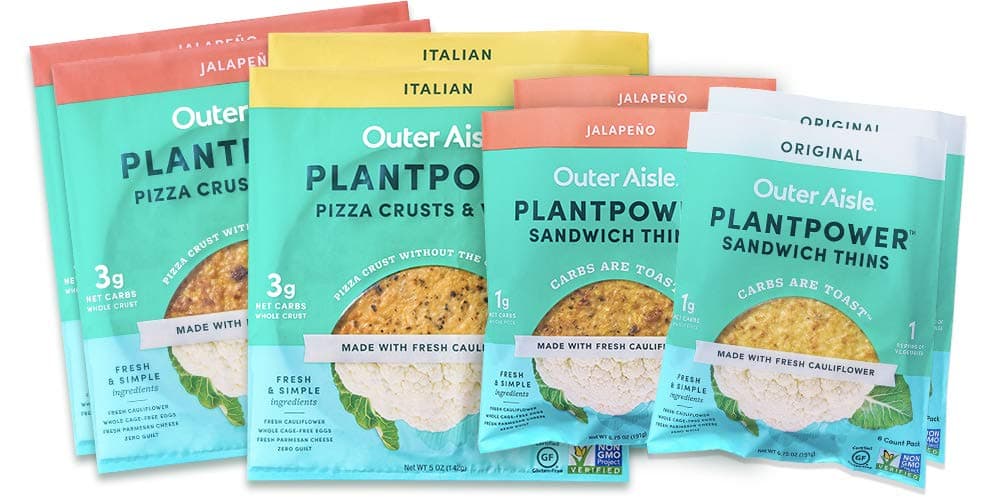 Outer Aisle Cauliflower Sampler Pack | Low Carb, Gluten Free, Paleo Friendly, Keto | Super Sampler 8 Pack | 2pk Jalapeno Crusts, 2pk Italian Crusts, 2pk Jalapeno Thins, 2pk Original Thins)