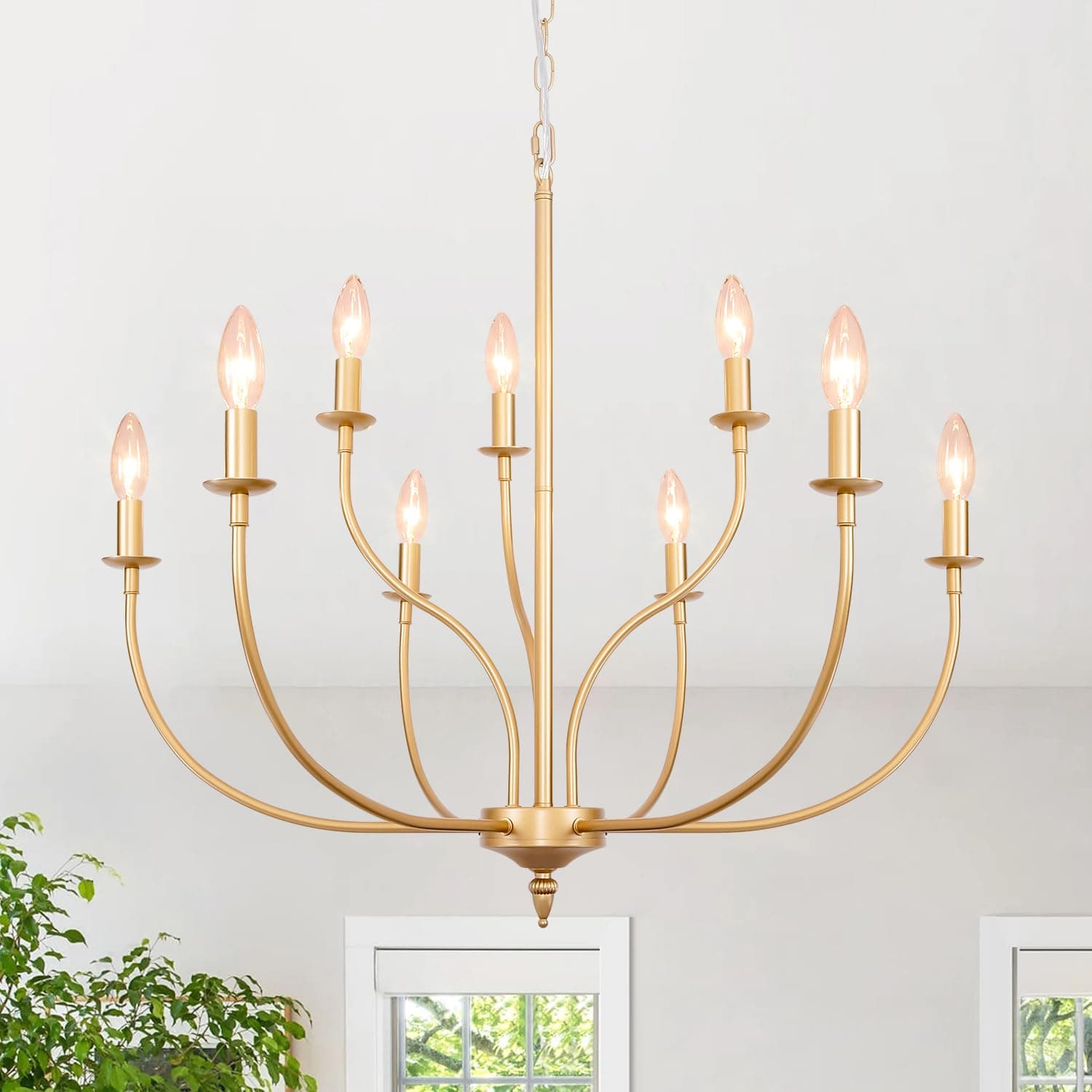 Gold Chandelier, 9-Light Gold Farmhouse Chandelier, 2-Tier Candle Modern Farmhouse Chandeliers for Dining Room Living Room Bedroom Foyer