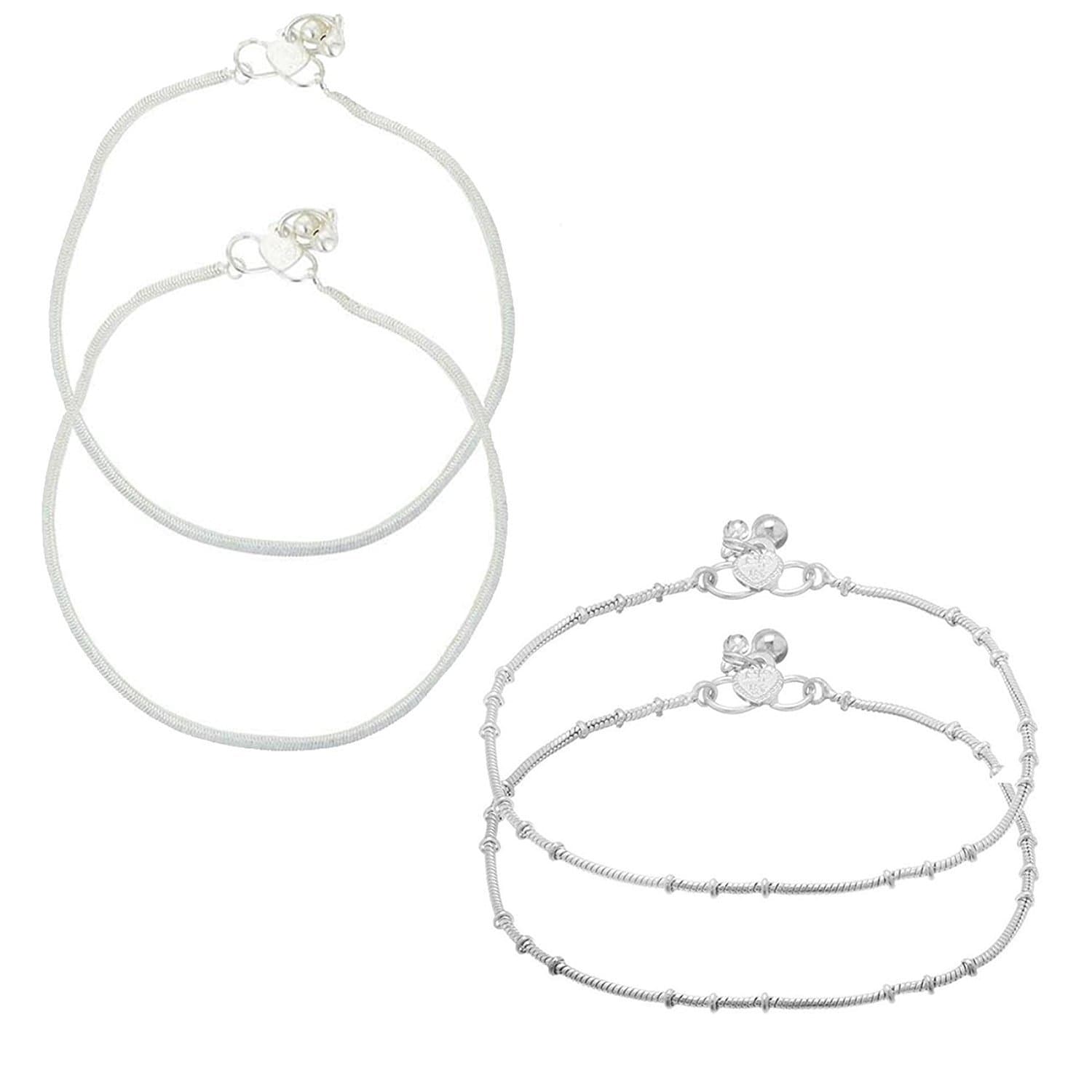 INDIAN TRADITIONAL J S Imitation Combo Pack of 2 Silver Plated Anklets for Women and Girls