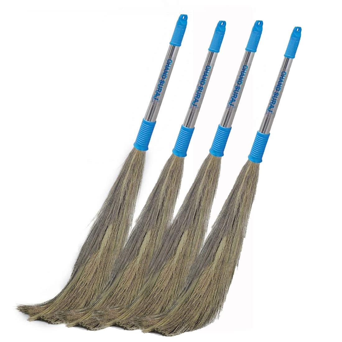 CHAND SURAJ® Stella Natural Grass Broom Stick with Stainless Steel Handele (Pack of 4)