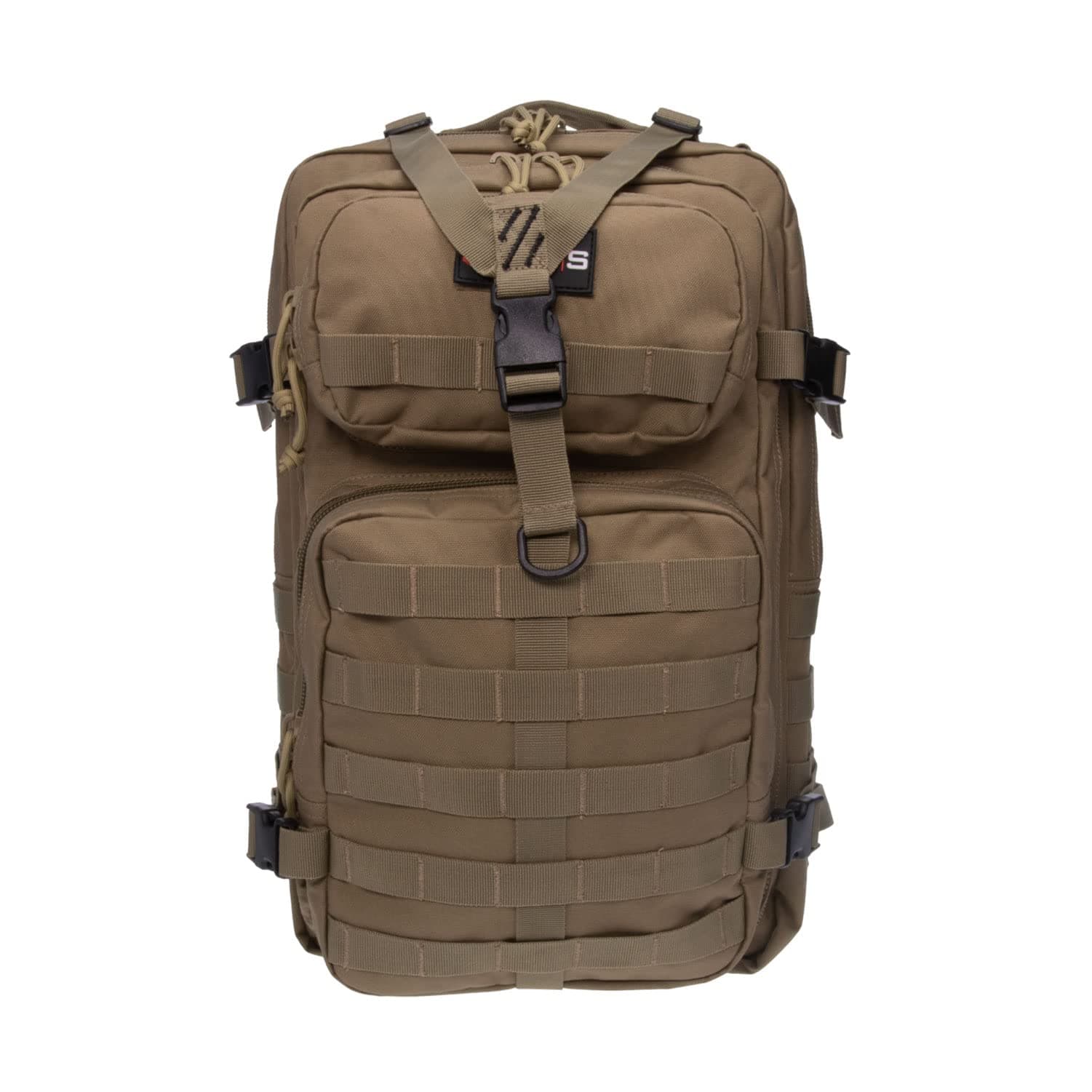 G OUTDOORS PRODUCTS Tactical Bugout Tan Durable Weatherproof Water-Resistant Computer Backpack with 2 Removable Pistol Cases, Magazine Pouches & MOLLE Webbing for Shooting & Hunting