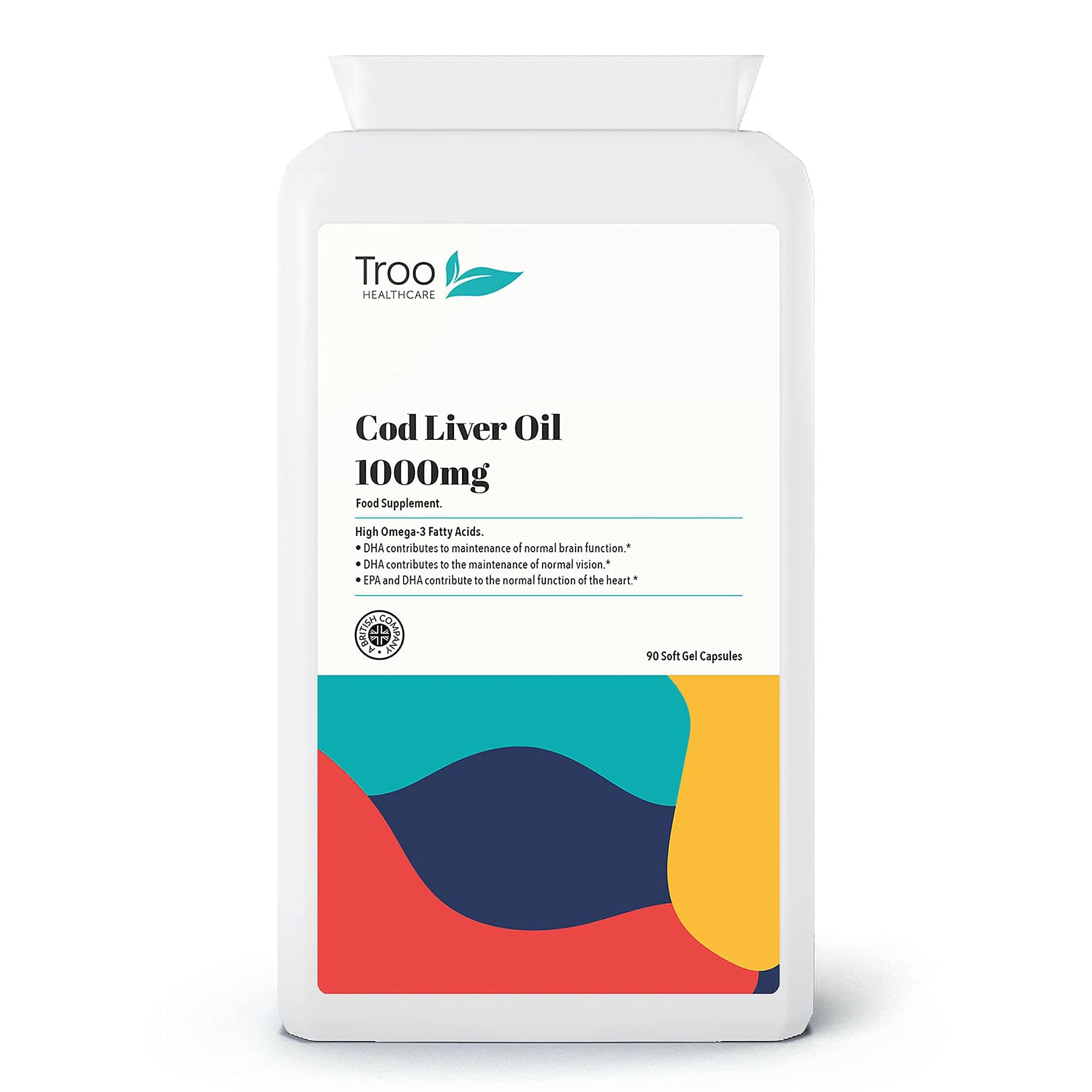 Cod Liver Oil Supplement 1000mg - 90 Soft Gel Capsules - Daily Omega 3 Supplement with DHA and EPA Essential Fatty Acids to Support Normal Function of The Heart, Brain and Eyes
