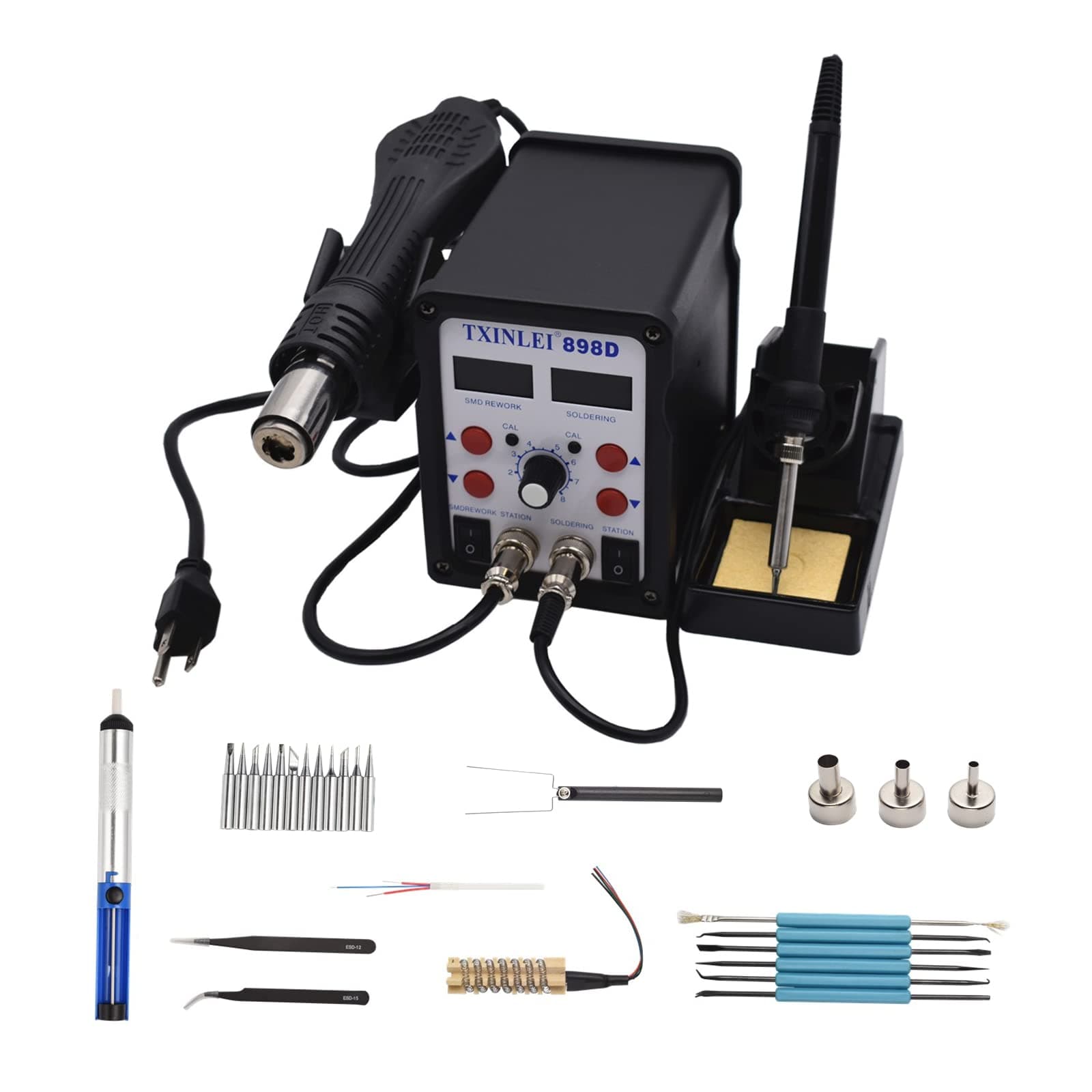898D 110V Solder Station, 2 in 1 SMD Hot Air Rework Station Solder Gun and Soldering Iron with 12pcs Soldering Tips,Tweezers, Desoldering Pump
