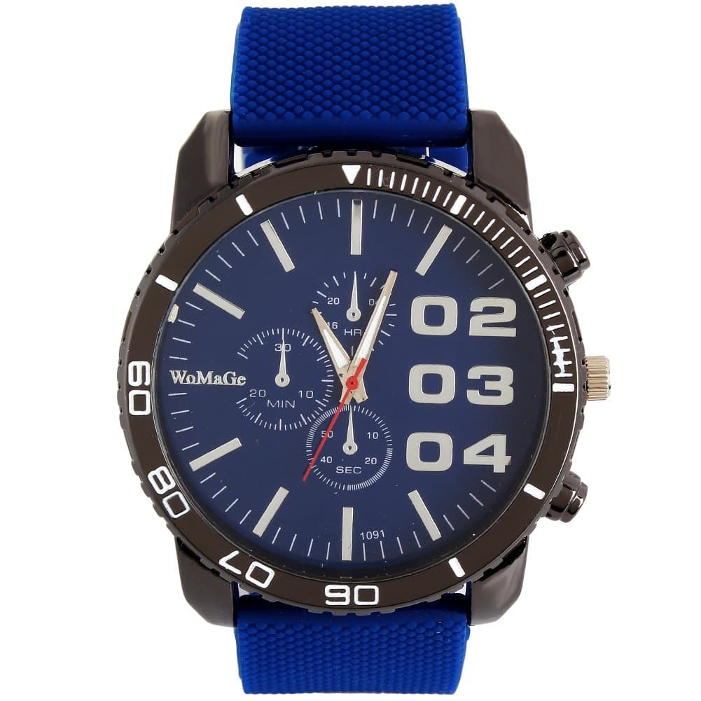 2013newestseller 1pcs Blue Casual Mens Womens 3 Eyes Big Dial Quartz Wrist Watches