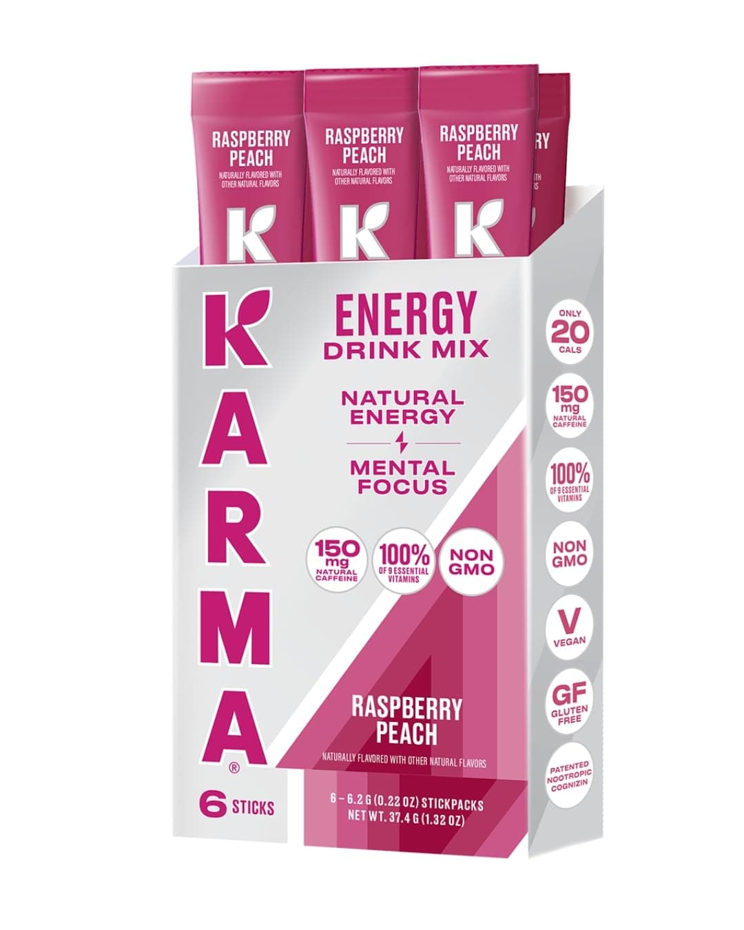 Karma Energy Hydration Packet - 6 Pack, Raspberry Peach Caffeinated Drink Mix Stick - On-The-Go Clean Focus & Energy Boost