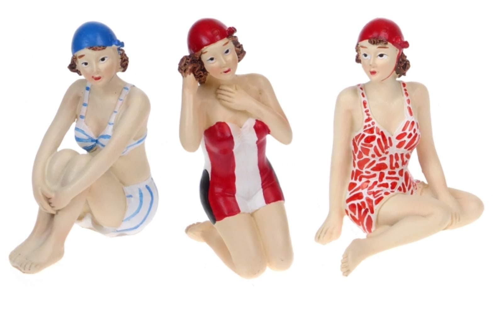 Glamorous Set of 3 BEACH BELLE Lady Swimmers/Bathers - BATHROOM ORNAMENTS/FIGURINES - Red, White, Blue - 10.5cm
