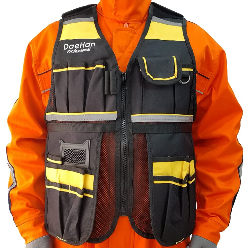 Safety Vest Tool Bag Pocket Pouch Tactical Reflective Strap High Visibility Workwear Breathable Mesh Electrician Farmer Surveyors Contruction Fishing Carpenter Outdoor Equipment Supplies Gift for Man Adjustable to Size