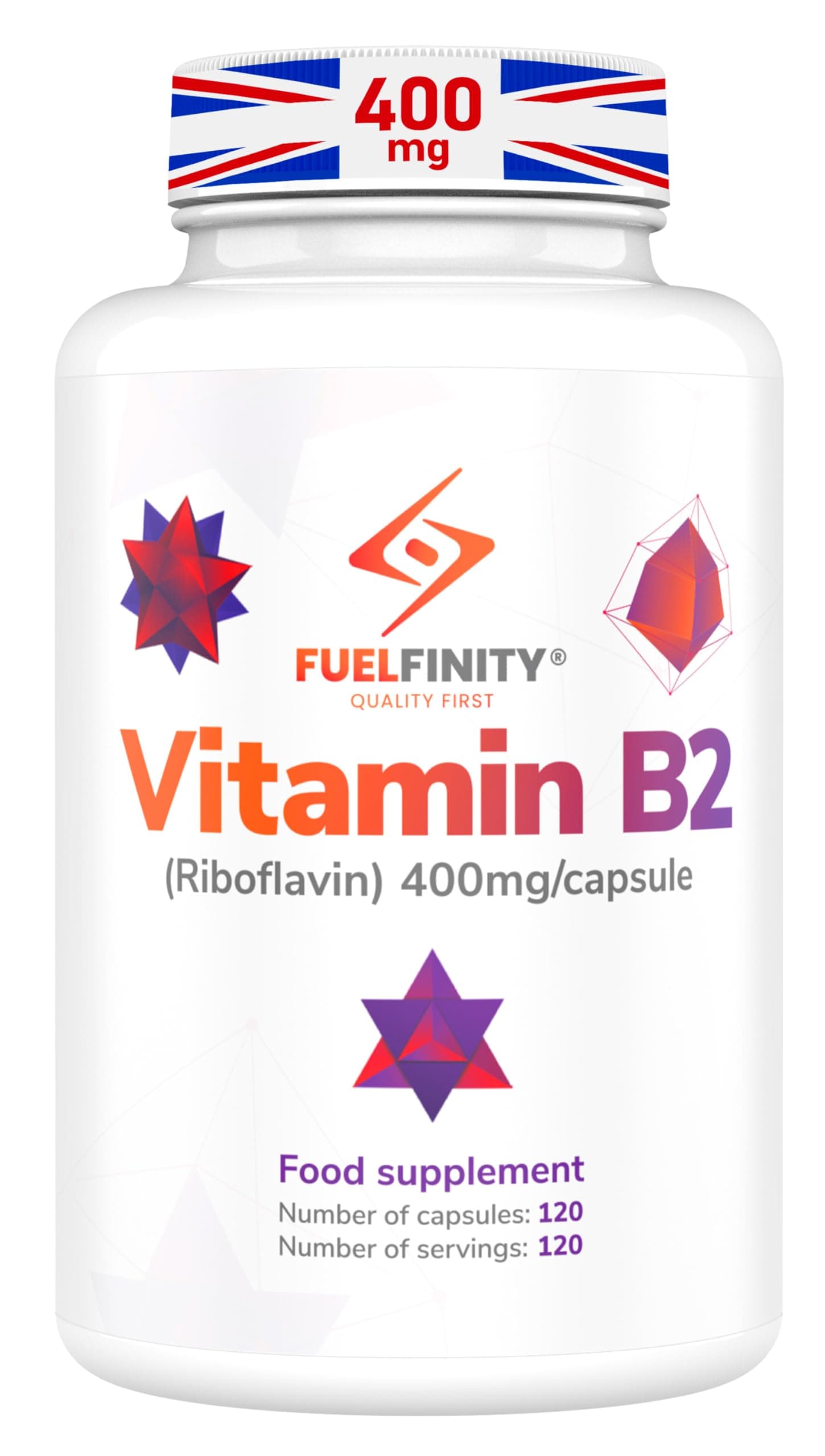 Vitamin B2 Riboflavin 400mg - for Energy & Migraine Relief Support - 120 Days Supply - Made in UK, Vegan, No additives
