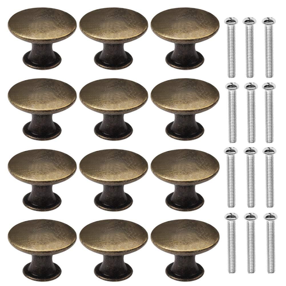 – 12 Pcs Bronze Kitchen Cabinet Drawers Cupboard Door Knobs, Vintage Copper Round Knobs Handles for Drawer Wardrobe Cupboard Door(30mm/with Screws)