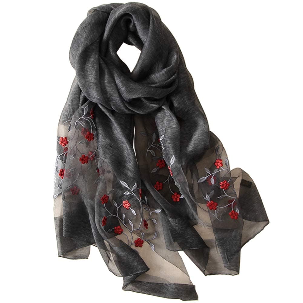 AlyseeWomen Lovely Silk&Wool Mixed Floral Embroidered Scarf Shawl Wrap