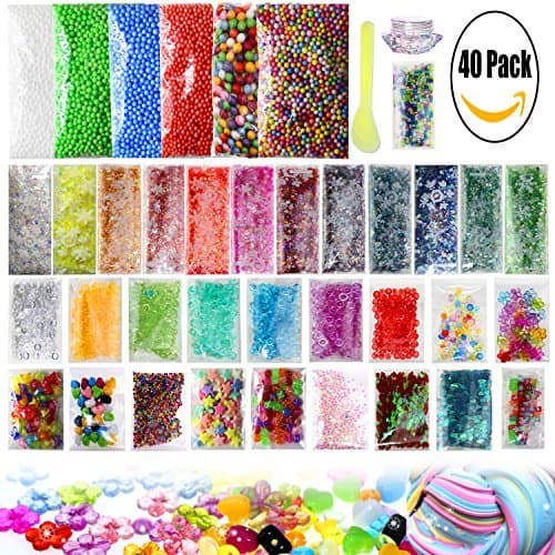 Slime Making Kits Supplies, 40 Packs Slime Supplies,Pearl, Foam Balls,Fishbowl Beads, Glitter Sheet Jars, Colorful Sugar Paper Accessories, Slime Tools for Slime Making Art DIY Craft