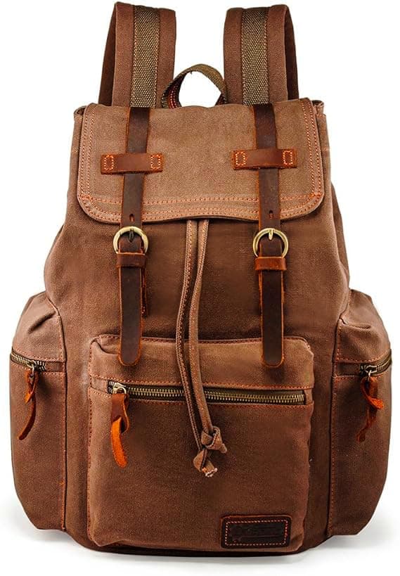 GEARONIC 21L Vintage Canvas Backpack Leather Rucksack Knapsack 15inch Laptop Tote Satchel College Shoulder Hiking Bag