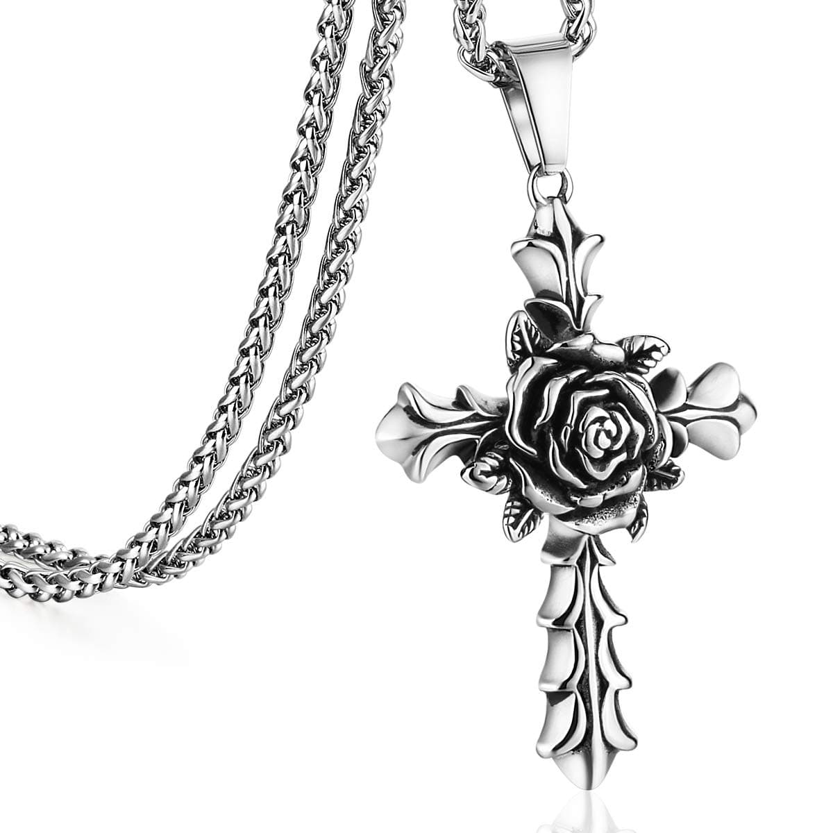 Rose Cross Pendant Necklace for Women Stainless Steel Link Chain Jewelry 21.65"