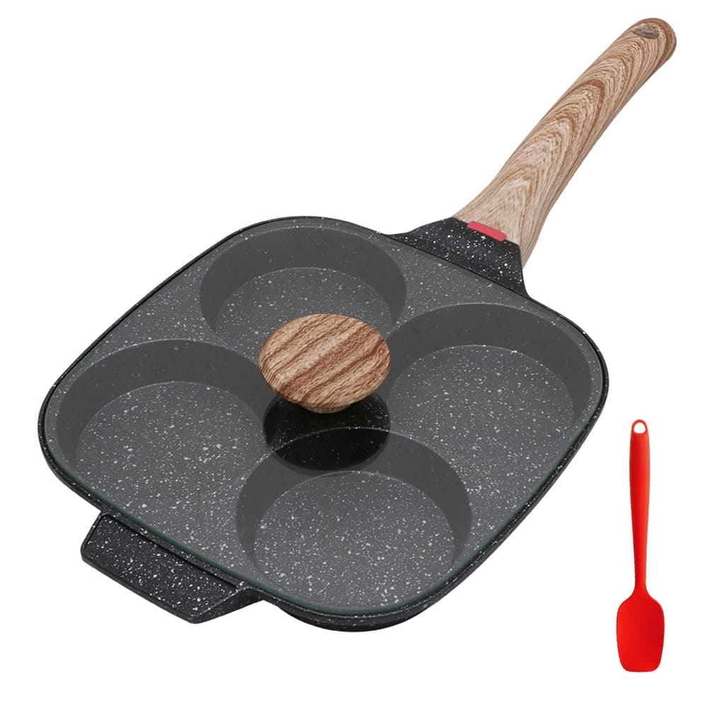 Pancake Pan Non Stick, 4 Hole Egg Frying Pan with Lid Burger Pan Multi Aluminum Fried Egg Pan for Breakfast - Black
