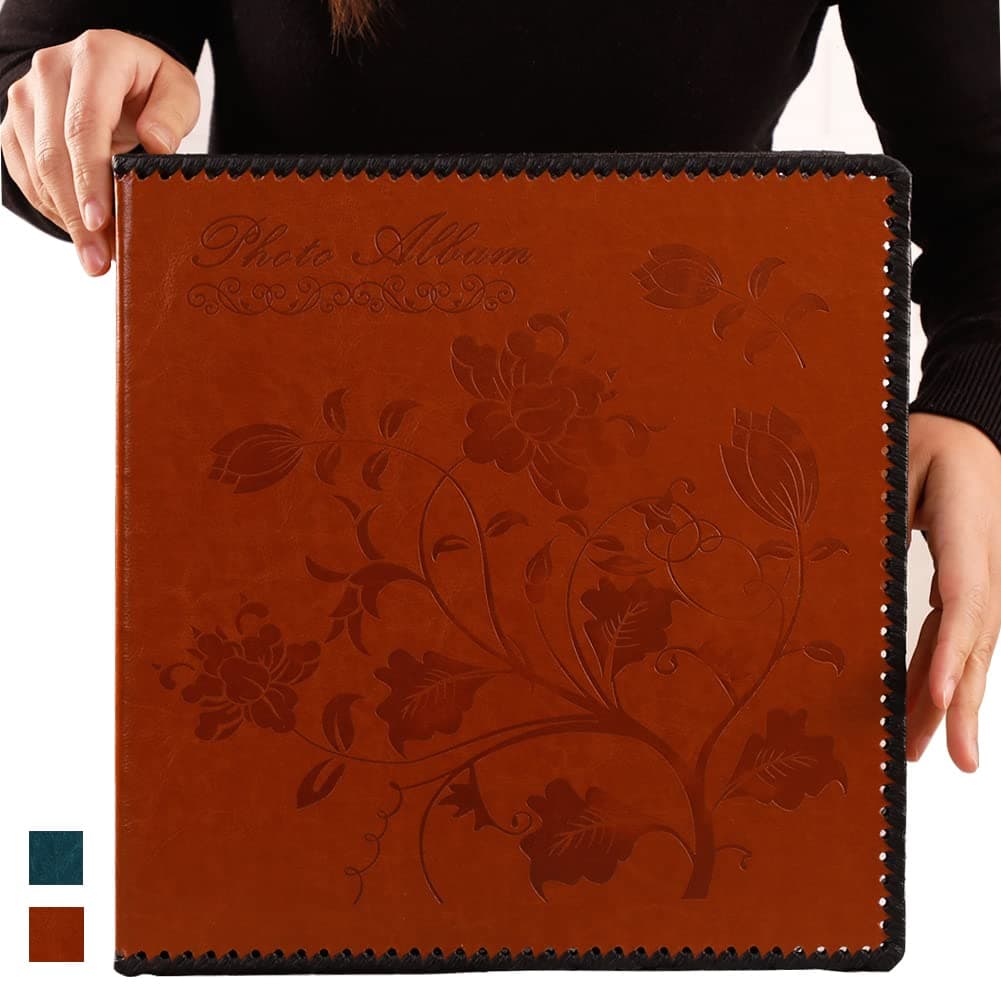 Photo Album Self Adhesive, Huge Magnetic Self-Stick Page Picture Album with Leather Vintage Inspired Cover, Hand Made DIY Albums Holds 3X5, 4X6, 5X7, 6X8, 8X10, 10X12 Photos (Brown 40 Pages)