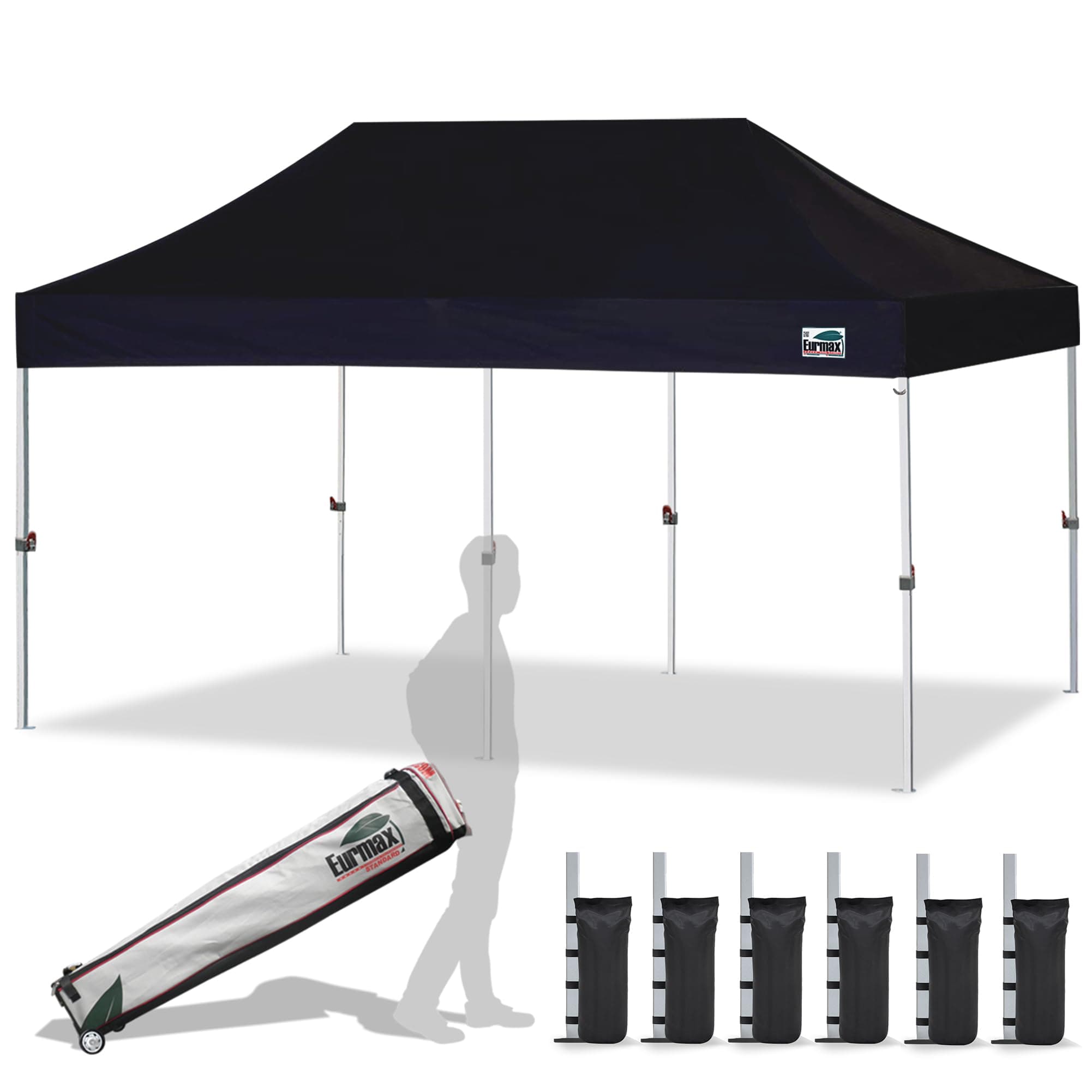Eurmax USA 10'x20' Ez Pop Up Canopy Tent Commercial Instant Canopies with Heavy Duty Roller Bag,Bonus 6 Sand Weights Bags (Black)