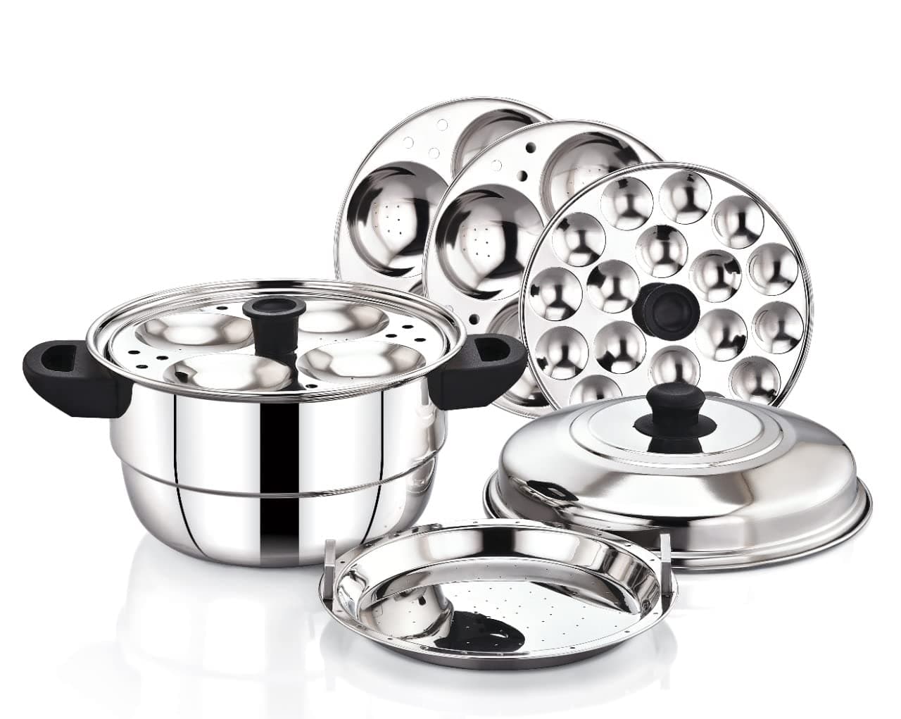 Hometronics Stainless Steel Multi Steamer Pot (3 Idli Plates/12 Idlis, 1 Mini Idli Plate/15 Mini Idlis and 1 Multi-Purpose Steamer/Idiyappam Steamer Plate) (12 idli)