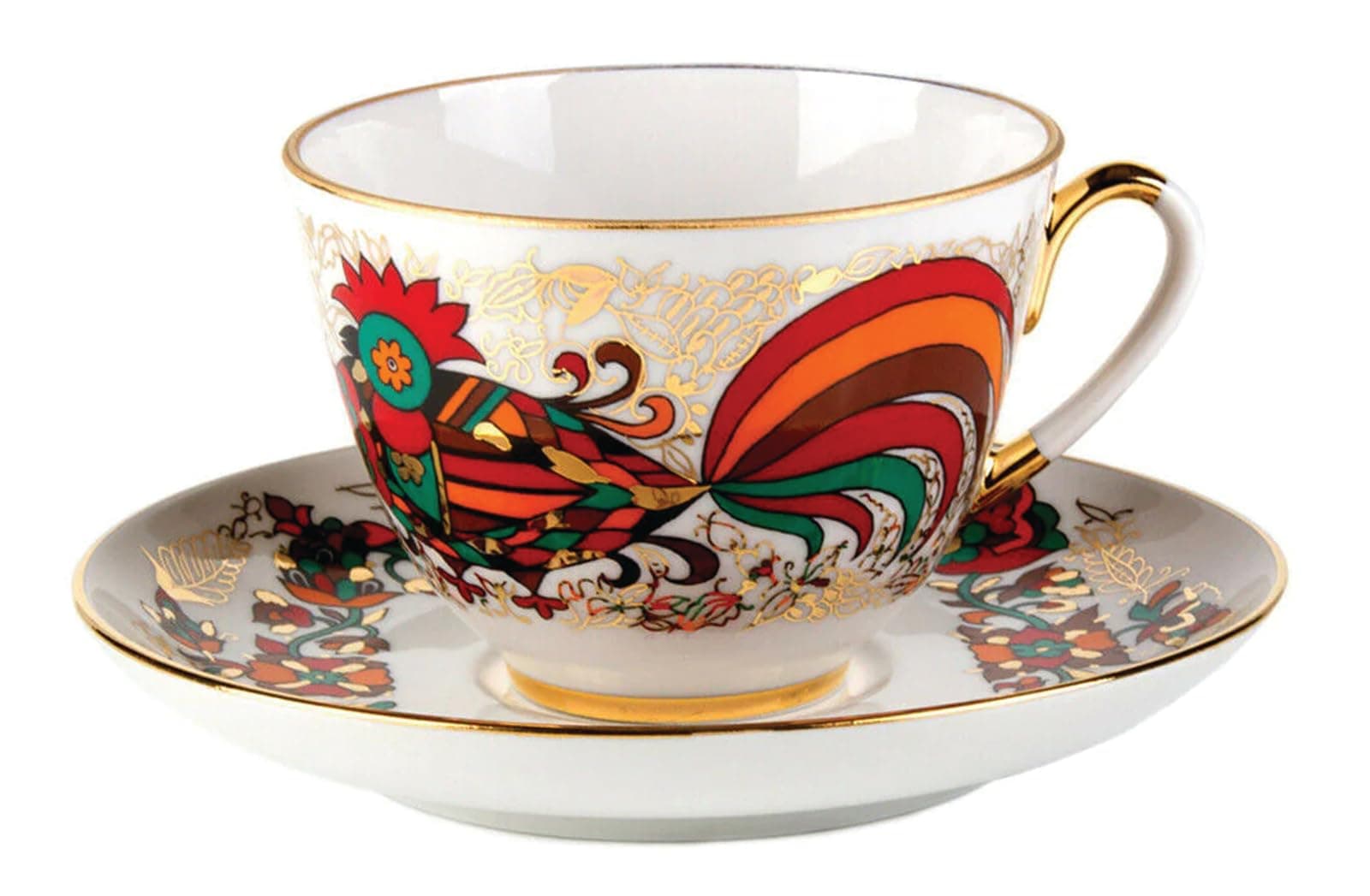 Imperial Lomonosov Porcelain Cup and Saucer Set Collection (Spring Red Rooster)