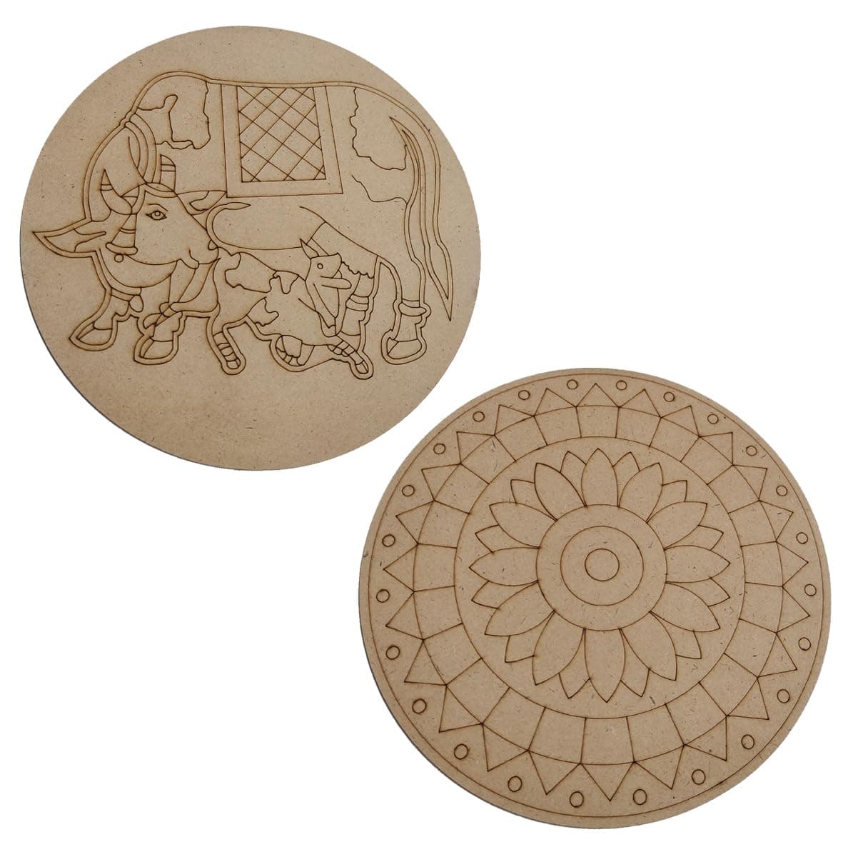 Just Flowers Set of 2 Pre Marked Round MDF Cutouts for Mandala Art, Lippan Art, Madhubani Art, and Painting Art and Craft Projects (MDF, Paining Board 20CM x 3MM)