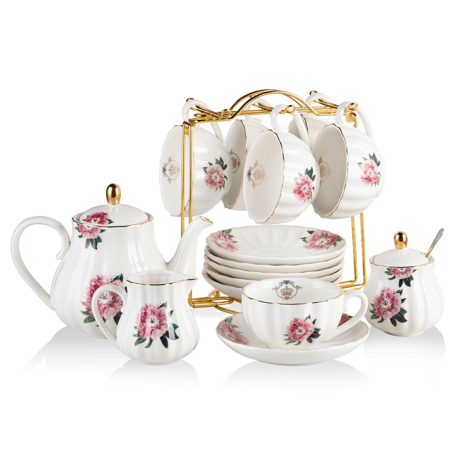 Porcelain Tea Sets British Royal Series, 8 OZ Cups & Saucer Service for 6, with Teapot Sugar Bowl Cream Pitcher Teaspoons and Tea Strainer, Suitable for High Tea, Wedding, Party