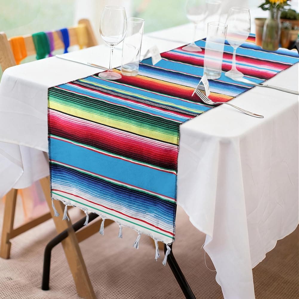 Fowecelt Mexican Serape Table Runner 14 x 84 Inch Hand-Woven Blanket Colorful Striped Mexican Fringe Cotton Fiesta Table Runner for Outdoor Picnics Dining Party Wedding Decorations
