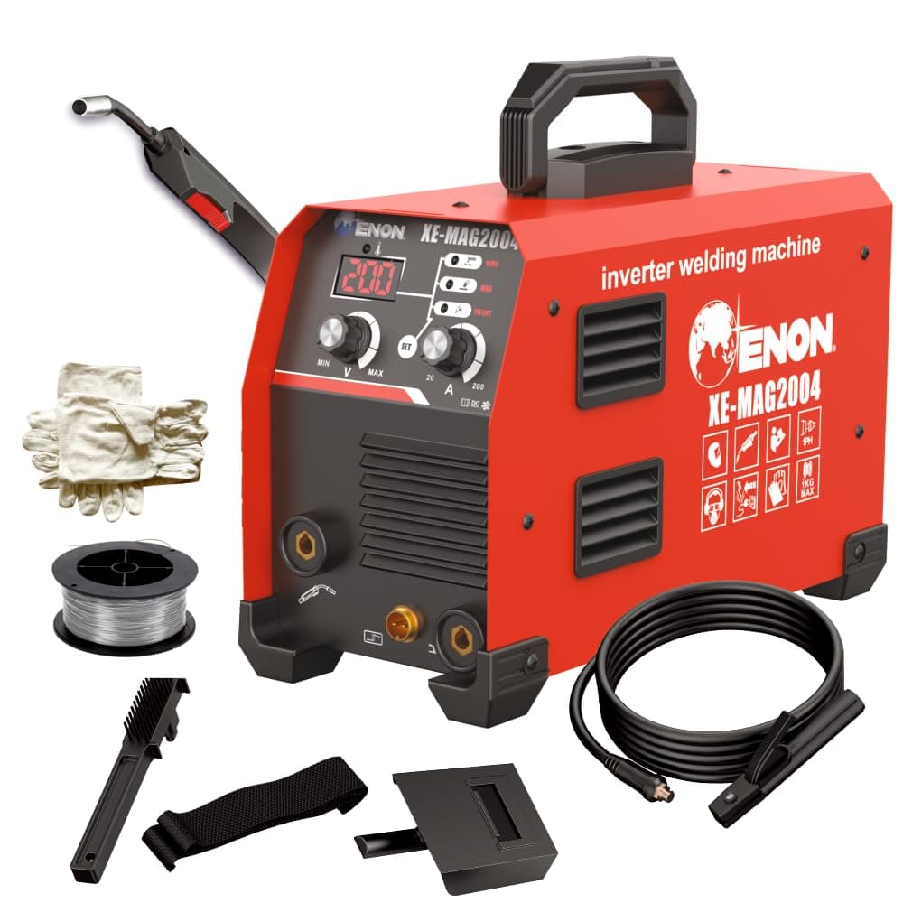 - ENON 3-in-1 IGBT Inverter Welding Machine, MAG/MMA/TIG Lift, 200A Output, Advanced IGBT, Electrodes 1.6-3.2mm & Flux Wire 0.8/0.9/1.0mm, Hot Start & Anti-Stick, Home/DIY/Workshop Use (XE-MAG2004)
