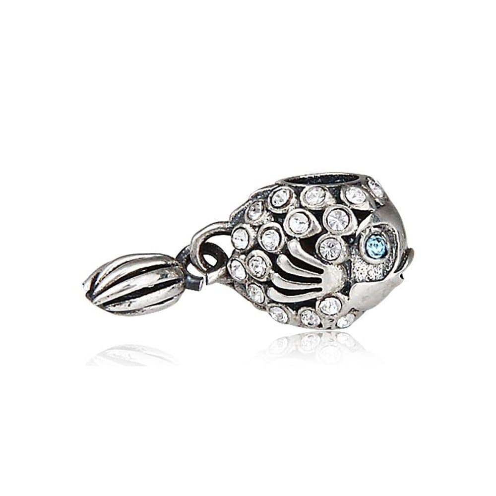 Everbling Splish Splash Fish Dangle April Birthstone 925 Sterling Silver Bead Fits European Charm Bracelet