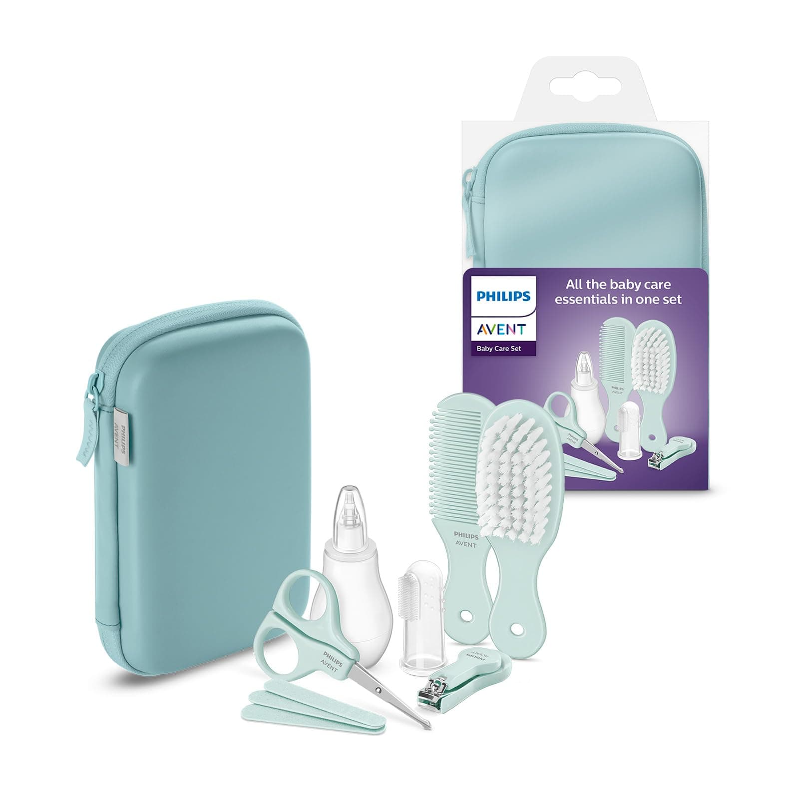 Philips Avent Baby Care Set - Essential Baby Care Set with 9 Accessories, Nail Clipper, Scissors, 3 Emery Boards, Bomb, Hairbrush, Nasal Aspirator and Finger Toothbrush (Model SCH401/00)